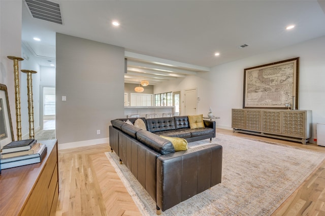505 Sandra Dr, Irving, TX 75060 - living room featuring attic access, baseboards, recessed lighting, and parquet flooring
