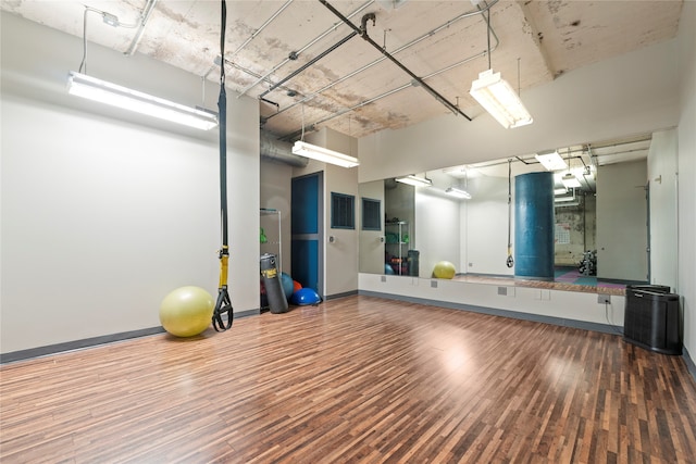 workout area featuring hardwood / wood-style flooring