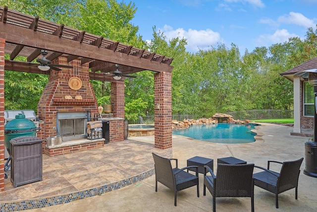 view of patio with an outdoor brick fireplace, a fenced in pool, ceiling fan, and a pergola