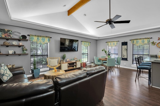 living room with dark hardwood / wood-style floors, vaulted ceiling with beams, and ceiling fan