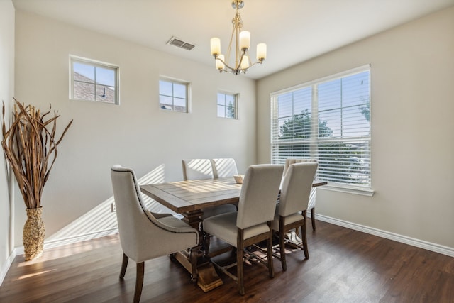 dining space with an inviting chandelier, plenty of natural light, and dark hardwood / wood-style floors