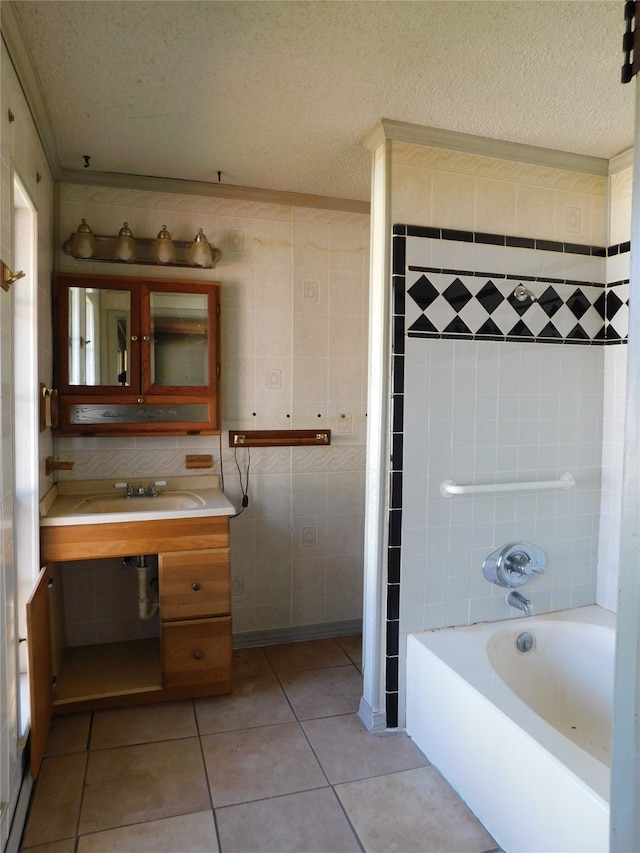 bathroom featuring a textured ceiling, bathing tub / shower combination, tile patterned floors, and tile walls