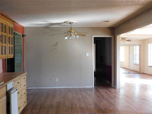 unfurnished dining area featuring hardwood / wood-style floors, a textured ceiling, and ceiling fan