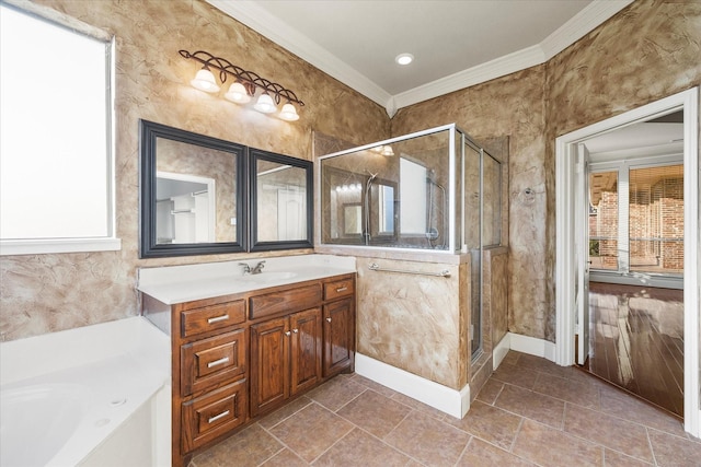 bathroom with vanity, plenty of natural light, ornamental molding, and plus walk in shower