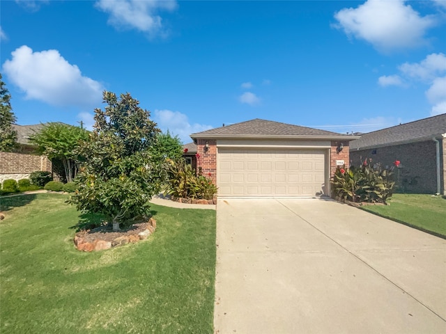 ranch-style home with a front yard and a garage