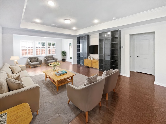 living room featuring a raised ceiling and dark hardwood / wood-style floors