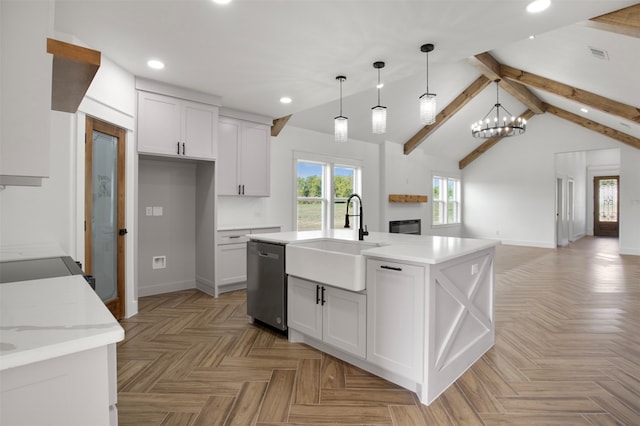 kitchen featuring vaulted ceiling with beams, hanging light fixtures, white cabinets, and dishwasher