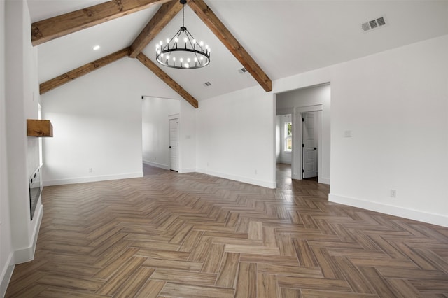 unfurnished living room with lofted ceiling with beams, dark parquet floors, and a chandelier