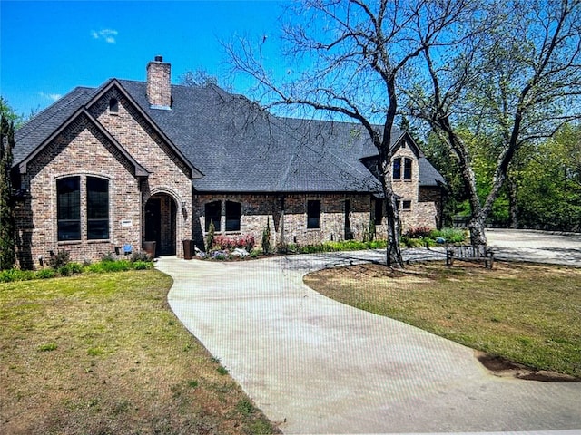 french country home with a front lawn