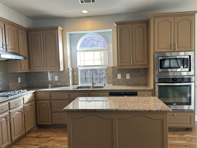 kitchen with sink, a center island, light wood-type flooring, and appliances with stainless steel finishes