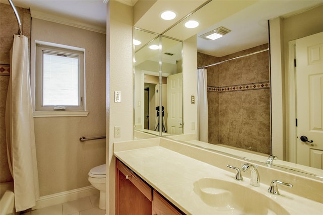 full bathroom with tile patterned flooring, vanity, toilet, and shower / bathtub combination with curtain