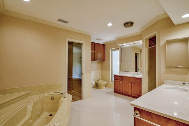 bathroom featuring vanity, a bidet, crown molding, tile patterned flooring, and a tub to relax in