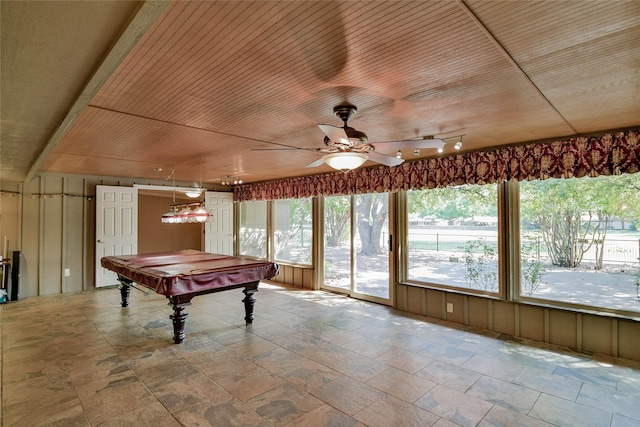 recreation room with wooden walls, ceiling fan, wood ceiling, and pool table