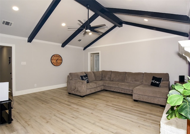 living room featuring ornamental molding, beamed ceiling, ceiling fan, and light hardwood / wood-style floors