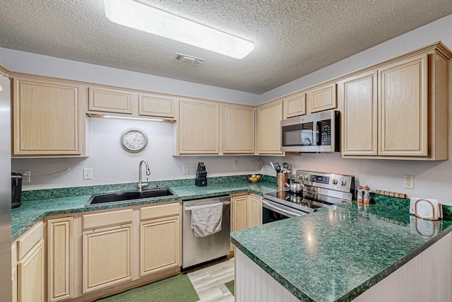 kitchen featuring stainless steel appliances, light wood-type flooring, sink, and kitchen peninsula