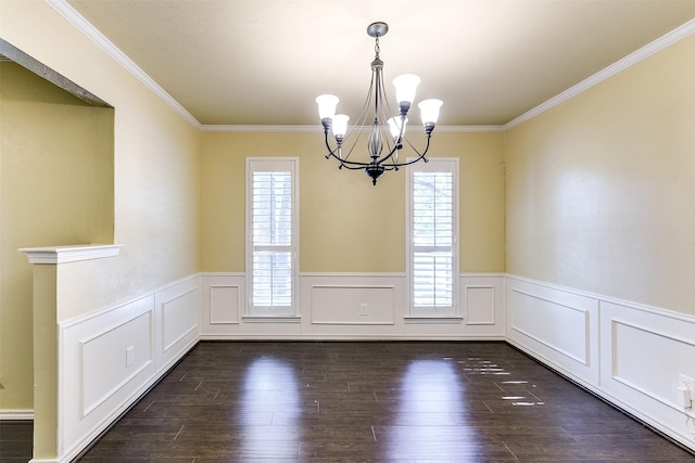 unfurnished dining area with dark wood-type flooring, plenty of natural light, and a chandelier