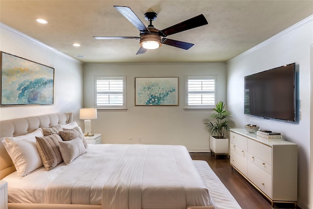 bedroom featuring recessed lighting, a ceiling fan, ornamental molding, and dark wood finished floors