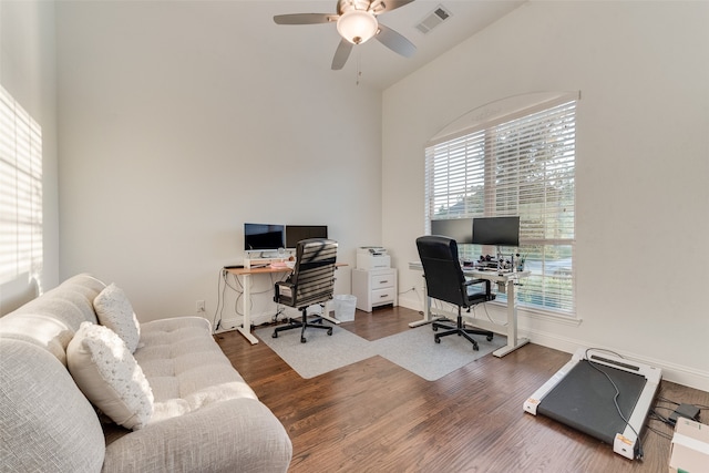 office space featuring hardwood / wood-style flooring and ceiling fan