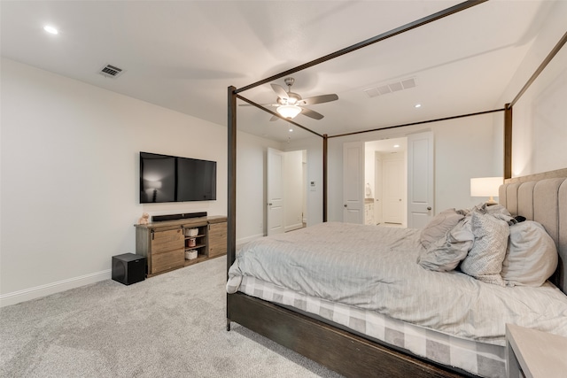 carpeted bedroom featuring ceiling fan