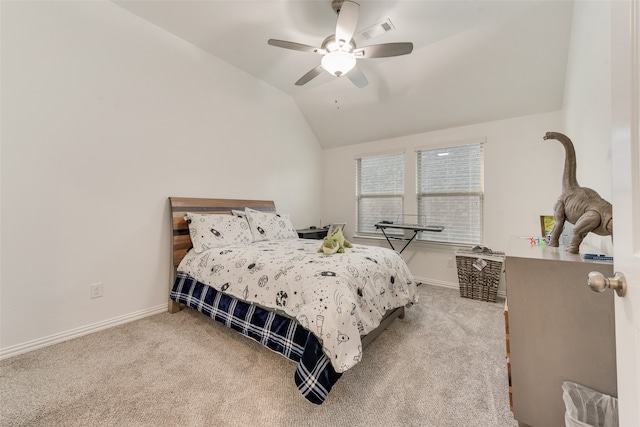 bedroom with light carpet, ceiling fan, and vaulted ceiling