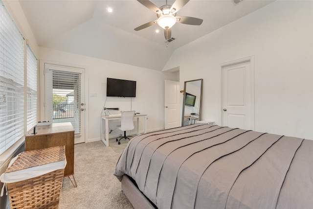 carpeted bedroom with lofted ceiling and ceiling fan