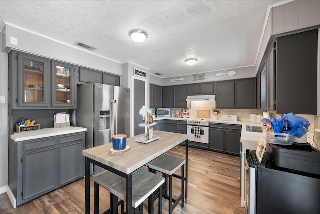 kitchen featuring appliances with stainless steel finishes, a textured ceiling, gray cabinetry, and dark hardwood / wood-style flooring