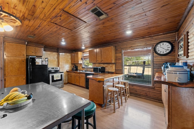 kitchen featuring light wood-type flooring, black appliances, sink, wooden ceiling, and rustic walls