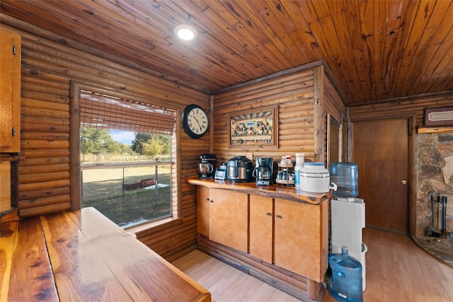 interior space with log walls, light hardwood / wood-style floors, and wood ceiling