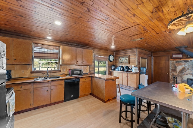 kitchen with wood ceiling, sink, light hardwood / wood-style floors, wood walls, and dishwasher