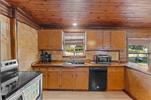 kitchen with wooden ceiling, sink, light hardwood / wood-style floors, range with electric cooktop, and dishwasher