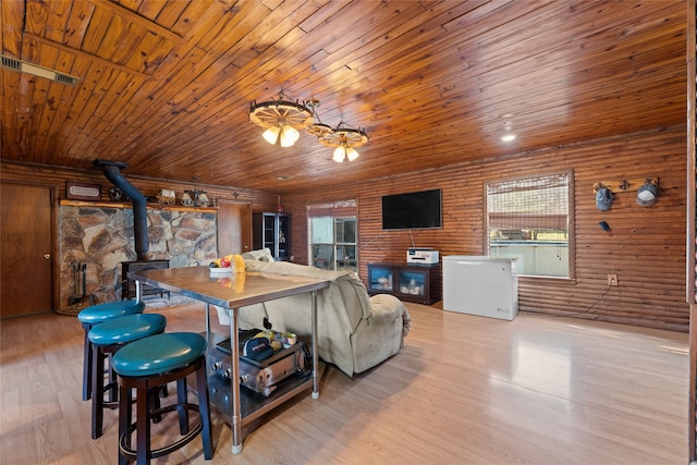 living room with wooden walls, wood ceiling, light hardwood / wood-style floors, and a wood stove