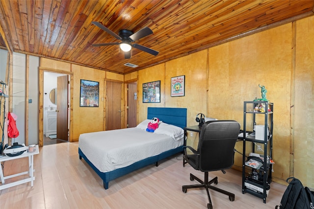 bedroom featuring ceiling fan, wood walls, wooden ceiling, and light hardwood / wood-style flooring