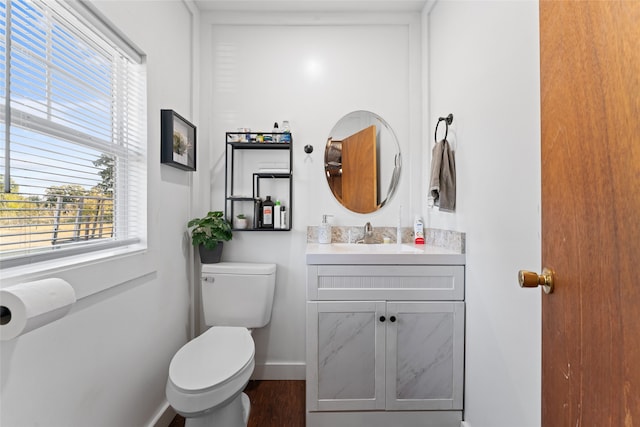 bathroom with vanity, hardwood / wood-style floors, and toilet