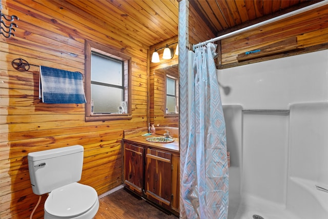 bathroom with toilet, wood walls, walk in shower, and wood ceiling