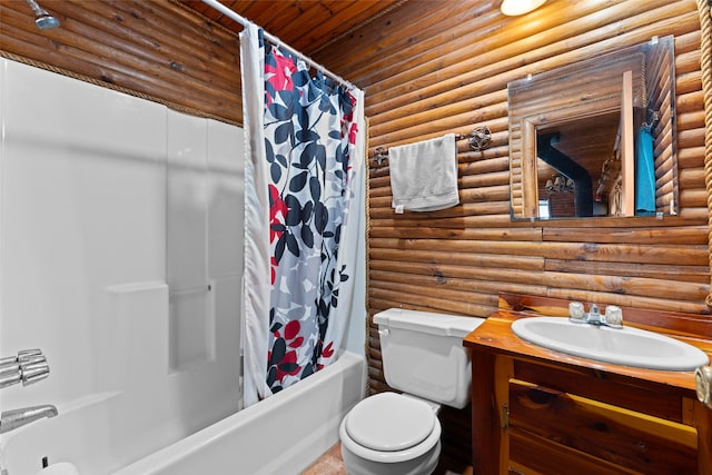 full bathroom with toilet, log walls, wood ceiling, shower / tub combo with curtain, and vanity