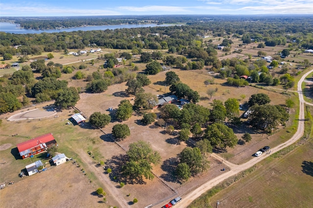 bird's eye view featuring a water view and a rural view