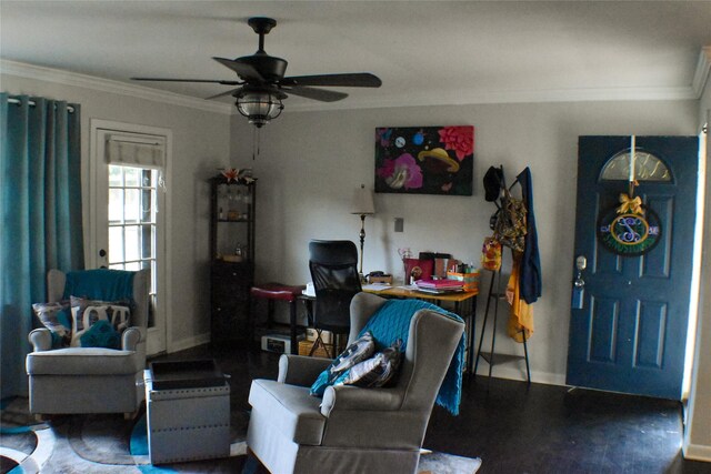 living room with ceiling fan and crown molding