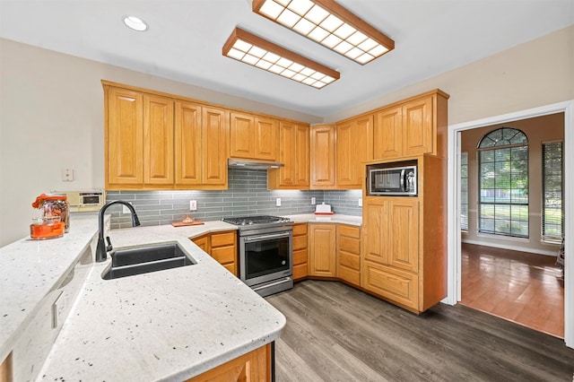 kitchen with appliances with stainless steel finishes, wood-type flooring, sink, and light stone counters