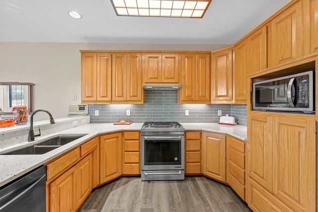 kitchen with hardwood / wood-style flooring, sink, light stone counters, appliances with stainless steel finishes, and decorative backsplash