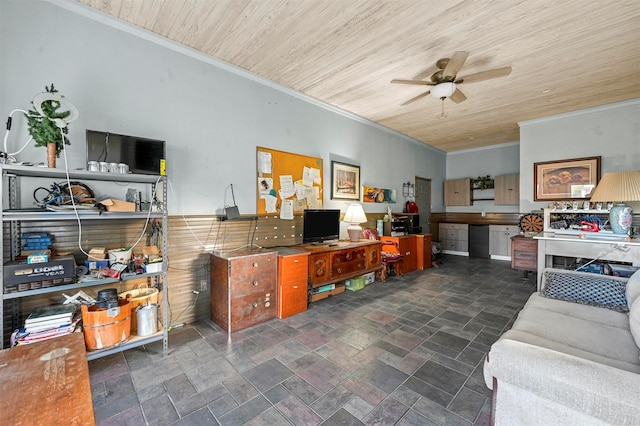 interior space featuring ceiling fan, crown molding, and wood ceiling