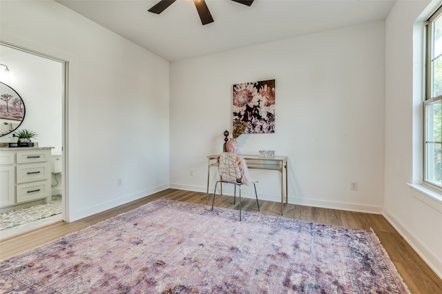 unfurnished office with ceiling fan, a wealth of natural light, and dark wood-type flooring