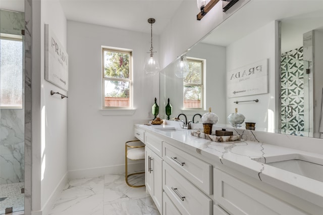 bathroom with an enclosed shower and vanity