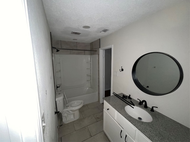 full bathroom featuring toilet, tile patterned floors, shower / bathtub combination, vanity, and a textured ceiling