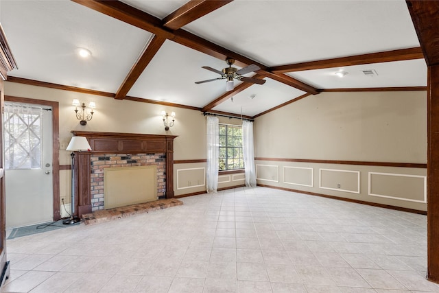 unfurnished living room with a brick fireplace, light tile patterned floors, vaulted ceiling with beams, and ceiling fan