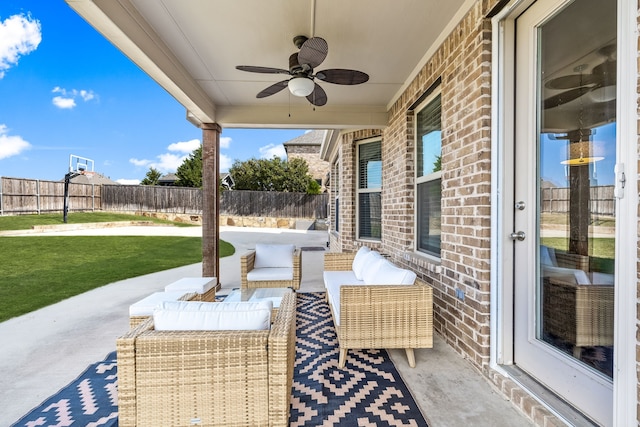 view of patio / terrace featuring ceiling fan and an outdoor hangout area