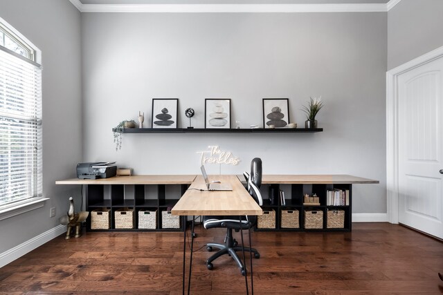 office space featuring a wealth of natural light, dark hardwood / wood-style floors, and ornamental molding