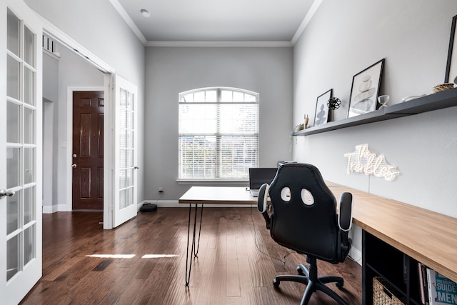 home office featuring french doors, dark hardwood / wood-style flooring, and crown molding