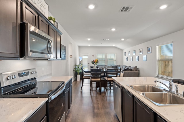 kitchen featuring stainless steel appliances, vaulted ceiling, dark hardwood / wood-style flooring, and a healthy amount of sunlight