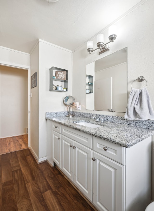 bathroom with vanity, crown molding, and hardwood / wood-style floors