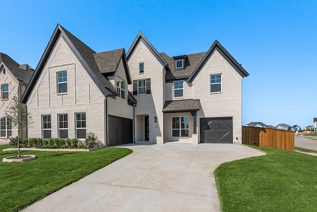 view of front of house with a garage and a front lawn